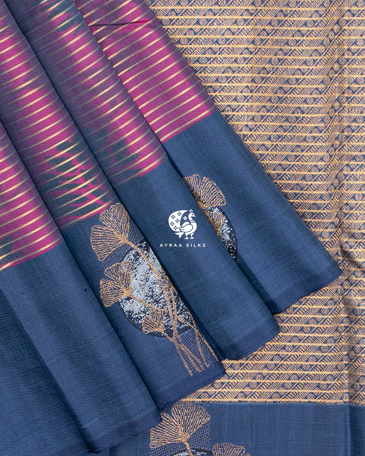 Close view of the pleated slate blue border with zari ginkgo moon motifs beside the zari pallu, Magenta and Slate Blue Ikat Ginkgo Moon Kanchipuram silk saree, Ayraa Silks
