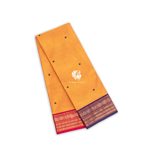 Mustard yellow handwoven Kanchi cotton saree with rani pink and purple Ganga Jamuna zari borders, folded