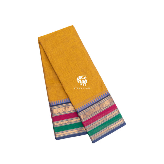Mustard yellow handwoven Kanchi cotton saree with a triple petta temple border in blue, pink and green, folded