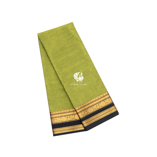 Mehendi green Kanchi cotton saree folded, showing the black border with gold zari peacock roundels — Ayraa Nithya by Ayraa Silks