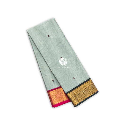 Grey Maroon Butta Ganga Jamuna Kanchi cotton saree in grey with rani pink and black, view 2 of 7 — handwoven pure cotton, Ayraa Silks