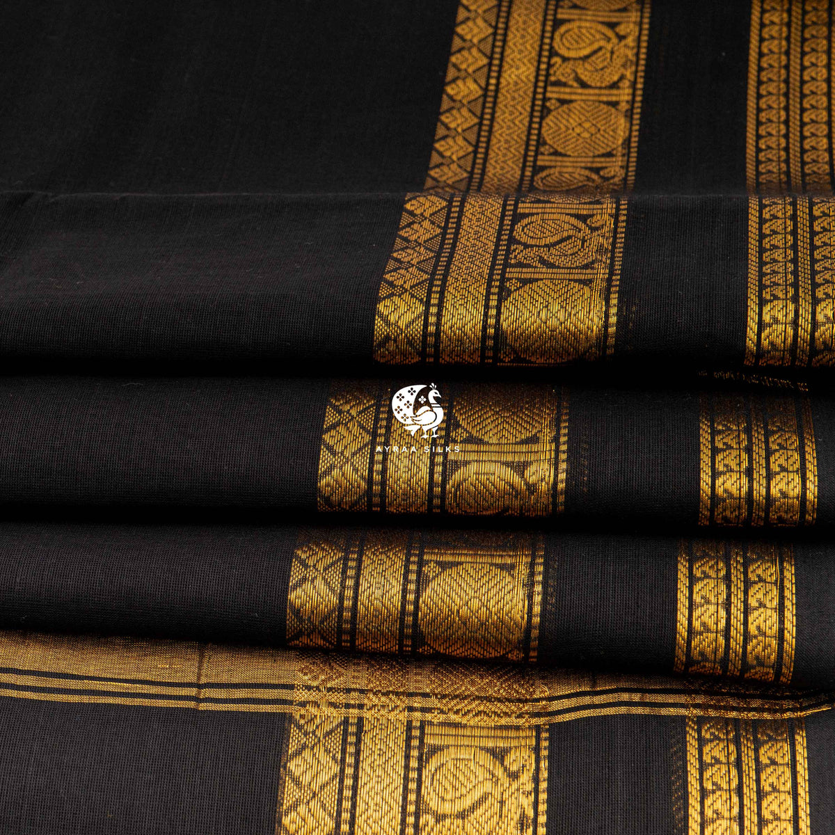 Black and Gold Mayil Kanchi cotton saree in black with gold zari, view 6 of 6 — handwoven pure cotton, Ayraa Silks