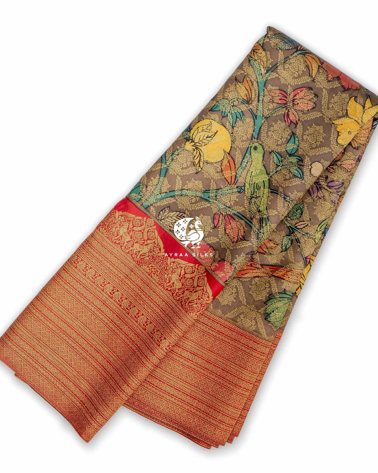 Taupe Kalamkari Kanchipuram Saree