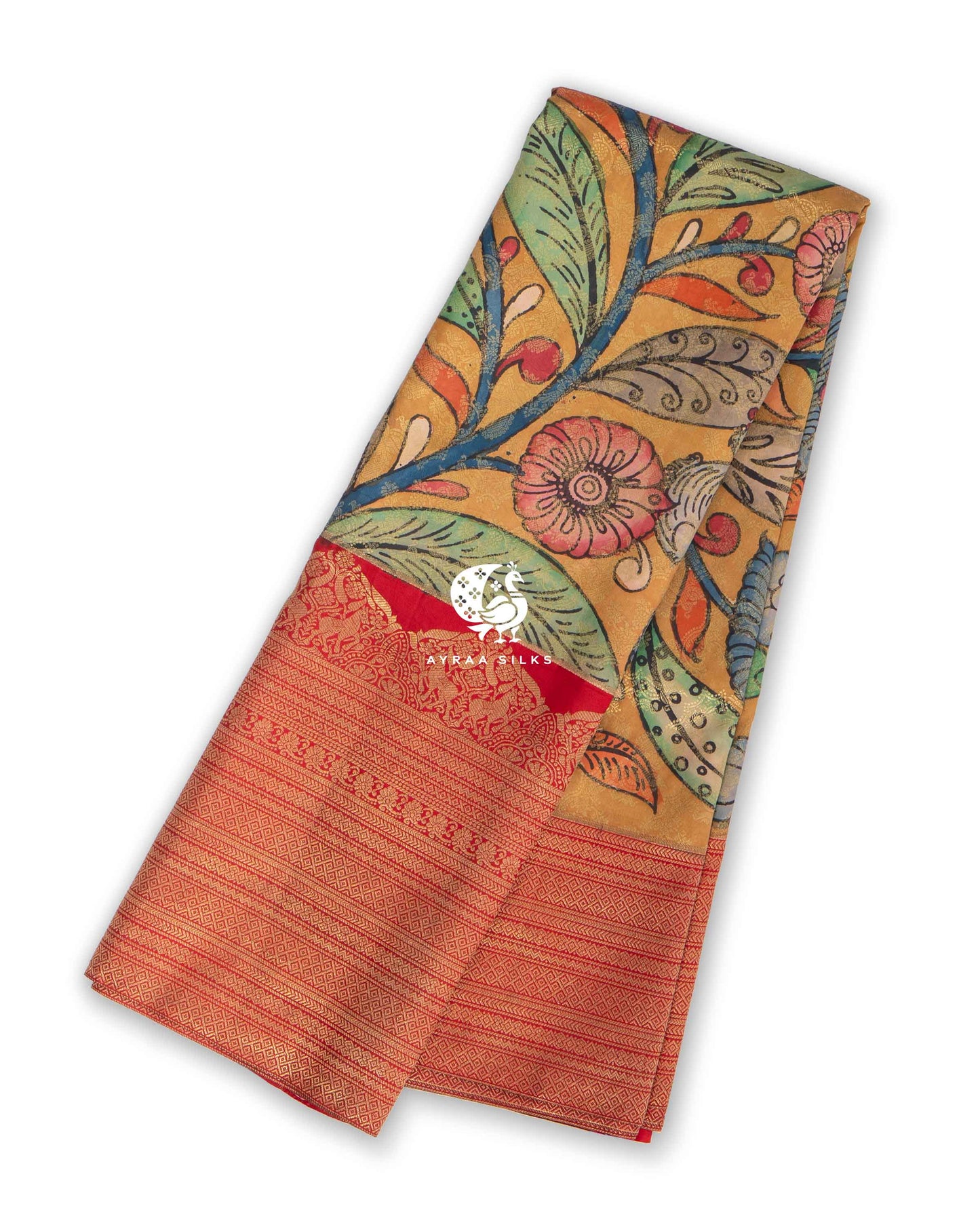 Mustard Kalamkari Kanchipuram Saree