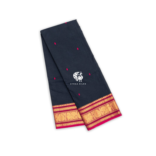 Blue and Pink Butta Kanchi cotton saree in navy blue with rani pink, view 2 of 7 — handwoven pure cotton, Ayraa Silks