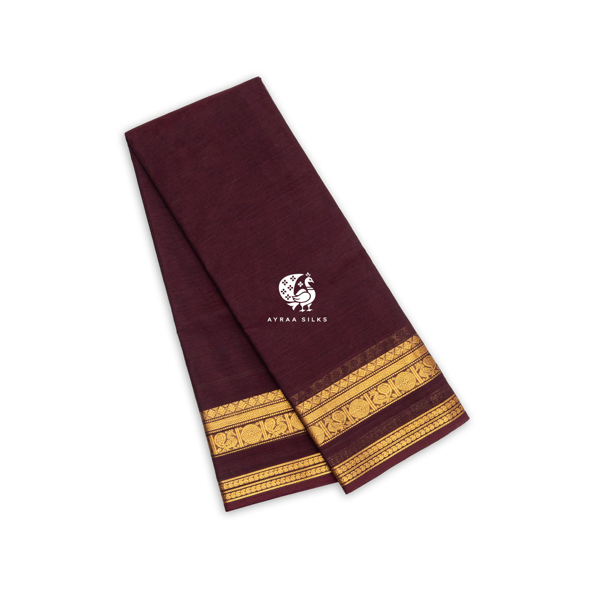 Maroon handwoven Kanchi cotton saree with a self colour gold zari border, folded