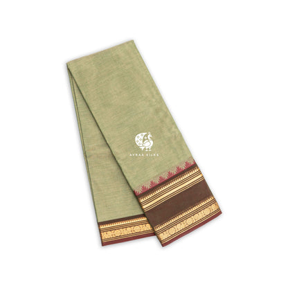 Pista green handwoven Kanchi cotton saree with a brown and gold zari temple border, folded