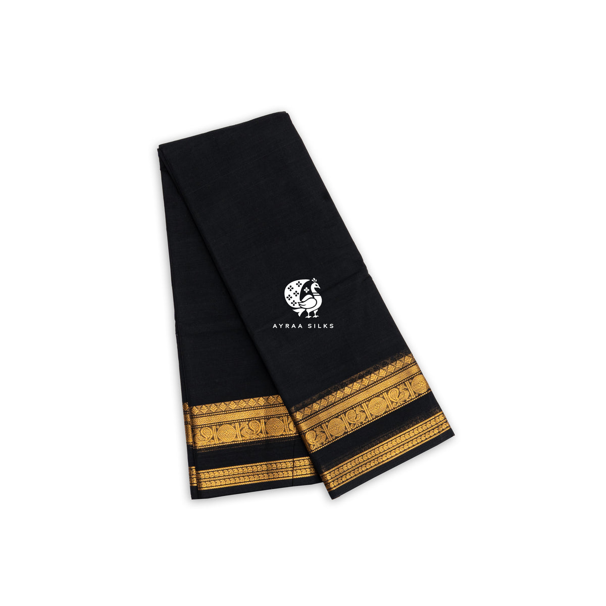 Black and Gold Mayil Kanchi cotton saree in black with gold zari, view 2 of 6 — handwoven pure cotton, Ayraa Silks