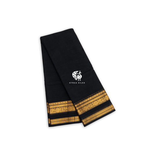 Black and Gold Mayil Kanchi cotton saree in black with gold zari, view 2 of 6 — handwoven pure cotton, Ayraa Silks