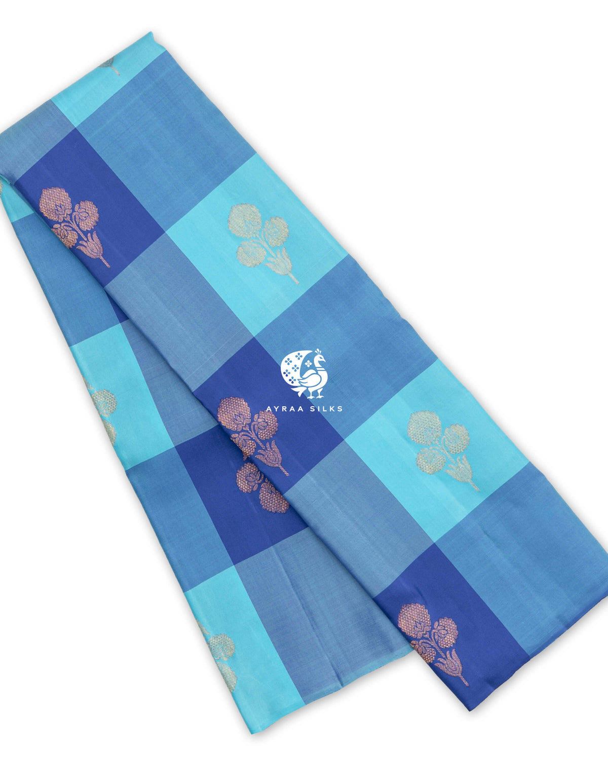 Blue pure Kanchipuram silk saree folded, with large Kattam (checks) in sky blue, mid blue and royal blue
