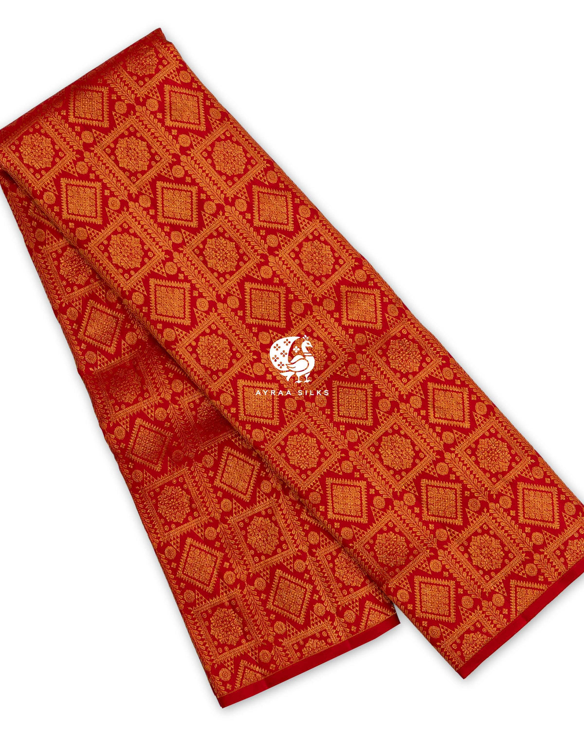 Red pure Kanchipuram silk saree folded, woven in all-over zari brocade with floral medallions