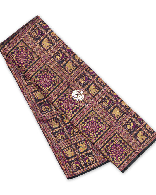 Black pure Kanchipuram silk saree folded, woven in all-over zari brocade with elephant, peacock and floral medallion checks