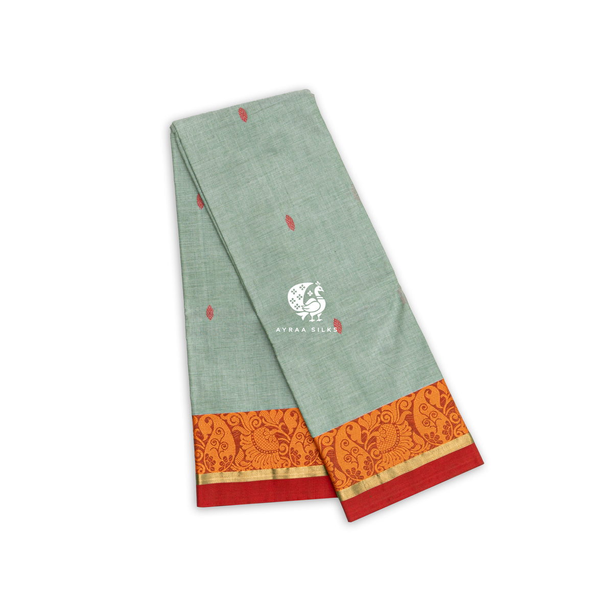 Sage green Kanchi cotton saree folded, showing the orange thread paisley border and red buttas — Ayraa Nithya by Ayraa Silks