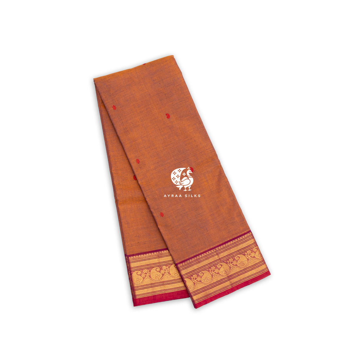 Rust Kanchi cotton saree folded, showing the magenta zari paisley border and red buttas — Ayraa Nithya by Ayraa Silks