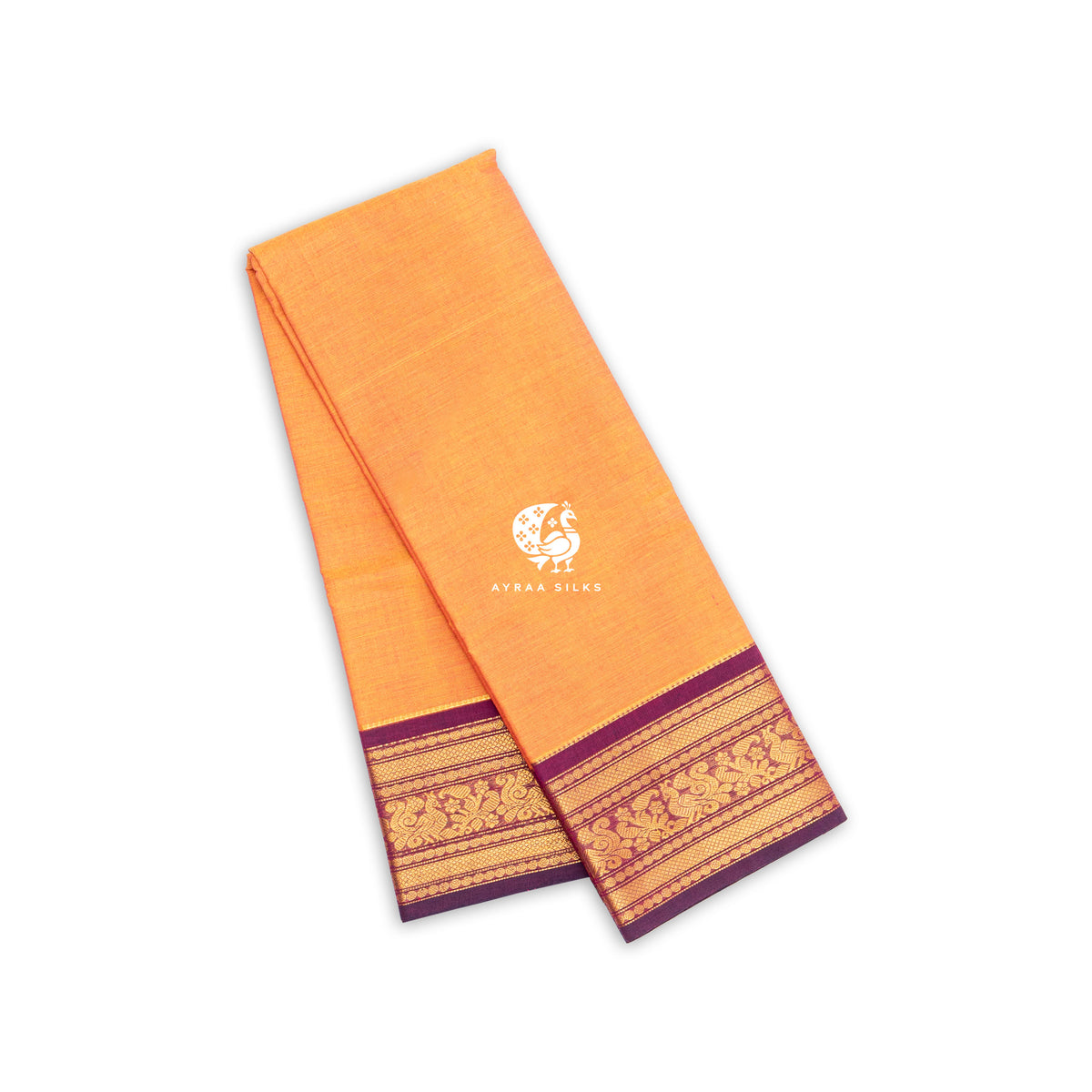 Orange and Purple Mayil Kanchi cotton saree in marigold orange with wine purple, view 2 of 6 — handwoven pure cotton, Ayraa Silks