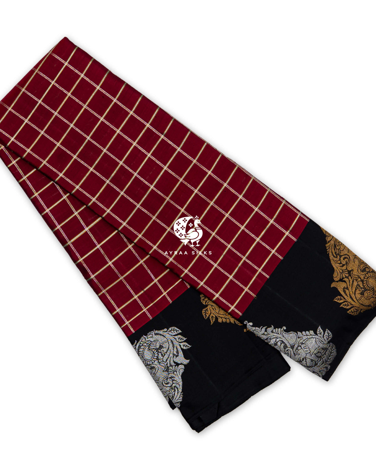 Maroon pure Kanchipuram silk saree folded, with zari Kattam (checks) and a black border of gold and silver zari Mayil (peacock) motifs