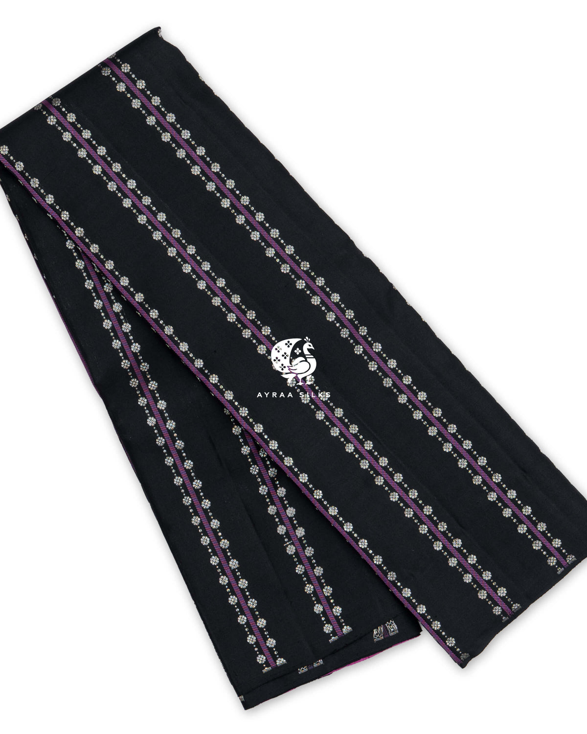 Black Floral Vari Kanchipuram silk saree, folded, with purple stripes and floral zari buttas