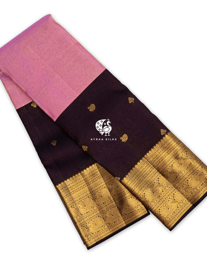 Coffee Brown and Rose Mayil Kanchipuram silk saree, folded, with a rose pink zari band and a wide gold zari border