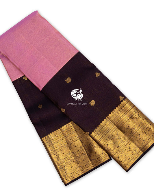 Coffee Brown and Rose Mayil Kanchipuram silk saree, folded, with a rose pink zari band and a wide gold zari border