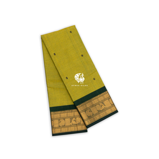Mehendi green handwoven Kanchi cotton saree with a bottle green and gold zari peacock border, folded