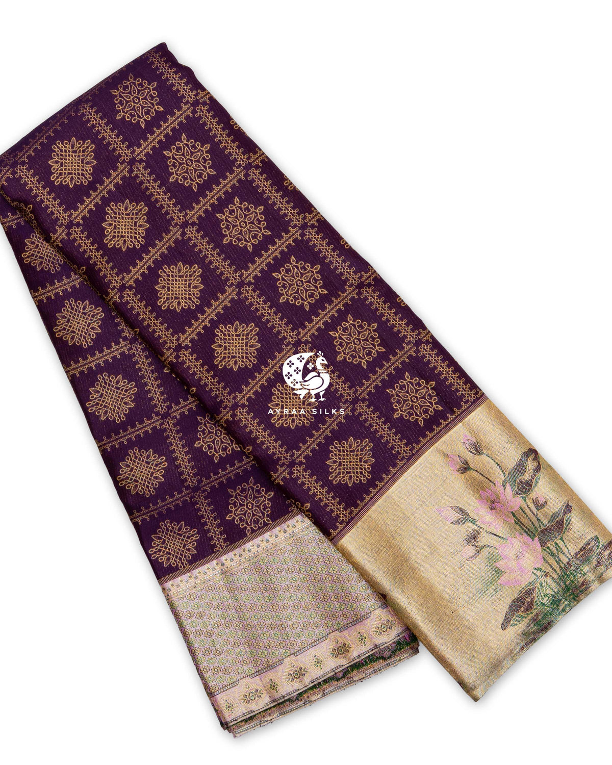 Jamun Purple Kolam Kanchipuram silk saree, folded, with zari kolam motifs and a gold zari Thamarai (lotus) border