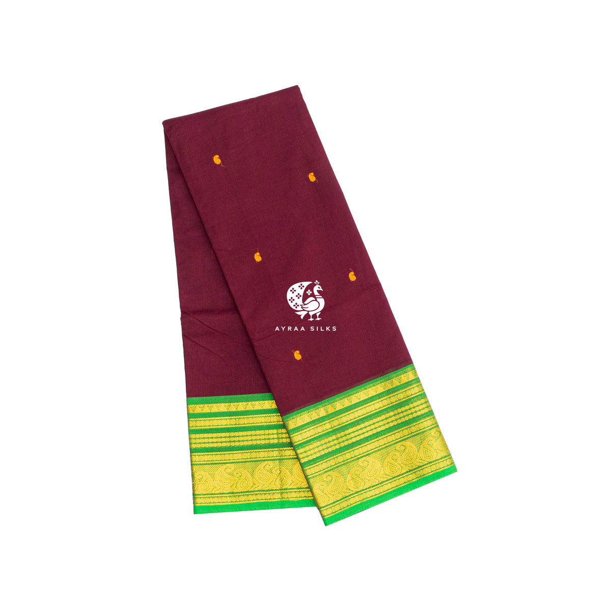 Maroon Kanchi cotton saree folded, showing the green zari paisley border and mustard buttas — Ayraa Nithya by Ayraa Silks