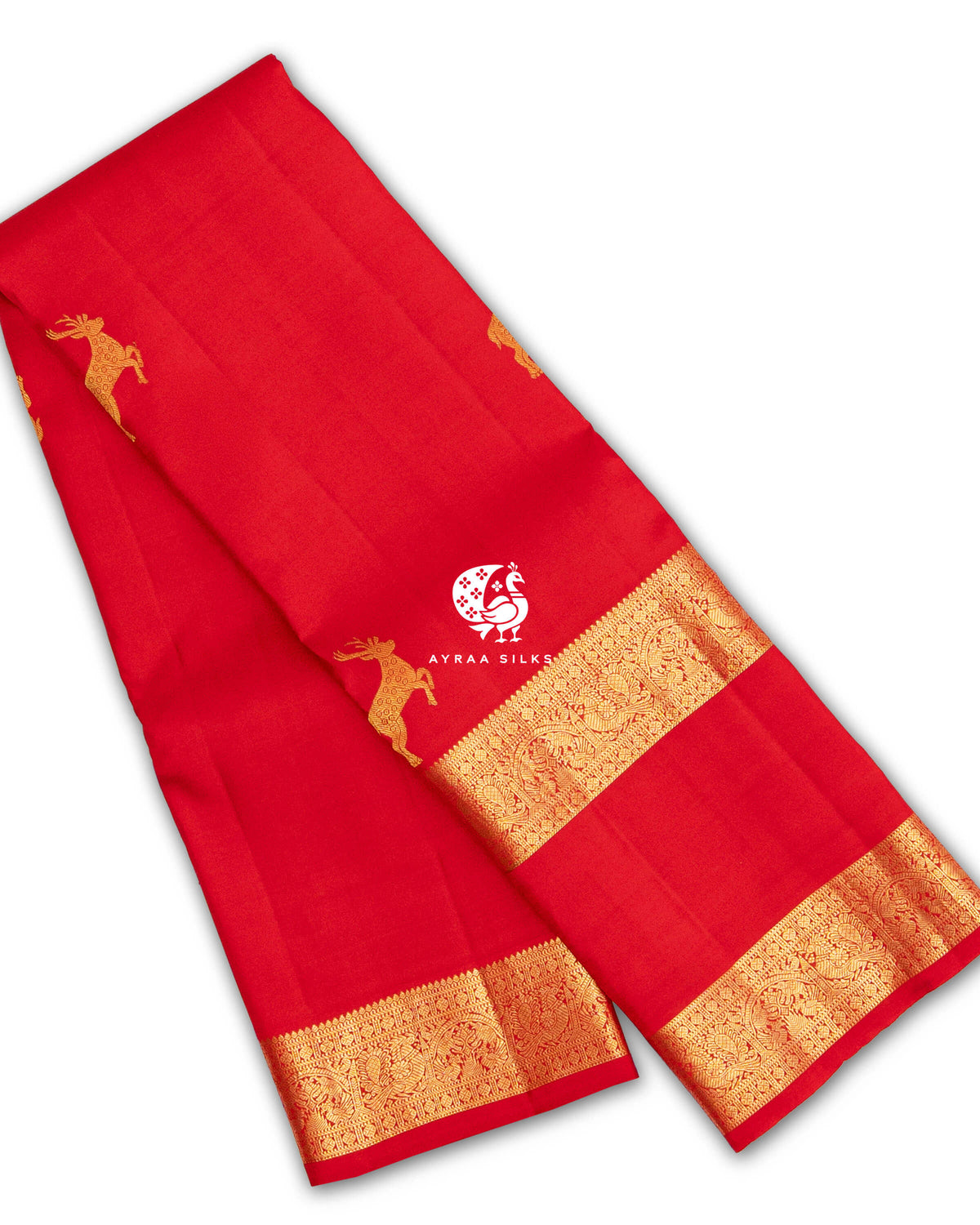 Red pure Kanchipuram silk saree folded, with Maan (deer) zari buttas and a Rettai Pettu (double) gold zari border