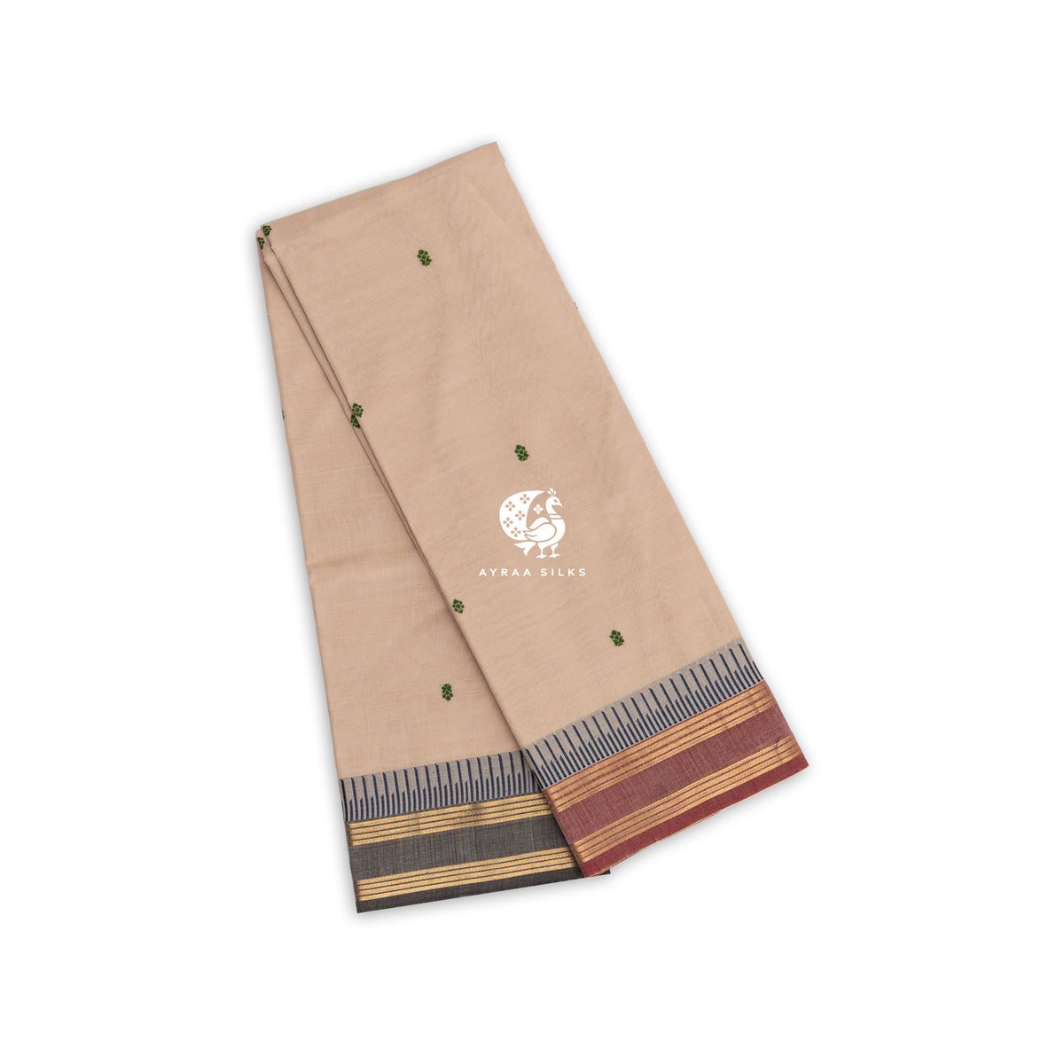 Beige Ganga Jamuna Kanchi cotton saree folded, maroon and grey zari borders, green buttas — handwoven pure cotton by Ayraa Silks