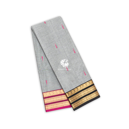 Grey Ganga Jamuna Kanchi cotton saree in grey with rani pink and black, view 2 of 7 — handwoven pure cotton, Ayraa Silks