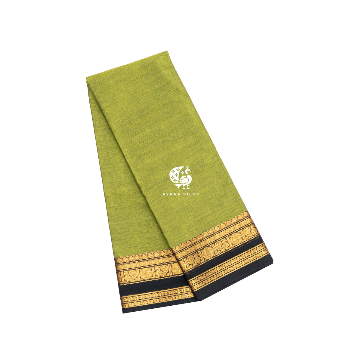 Mehendi green Kanchi cotton saree folded, showing the black border with gold zari peacock roundels — Ayraa Nithya by Ayraa Silks