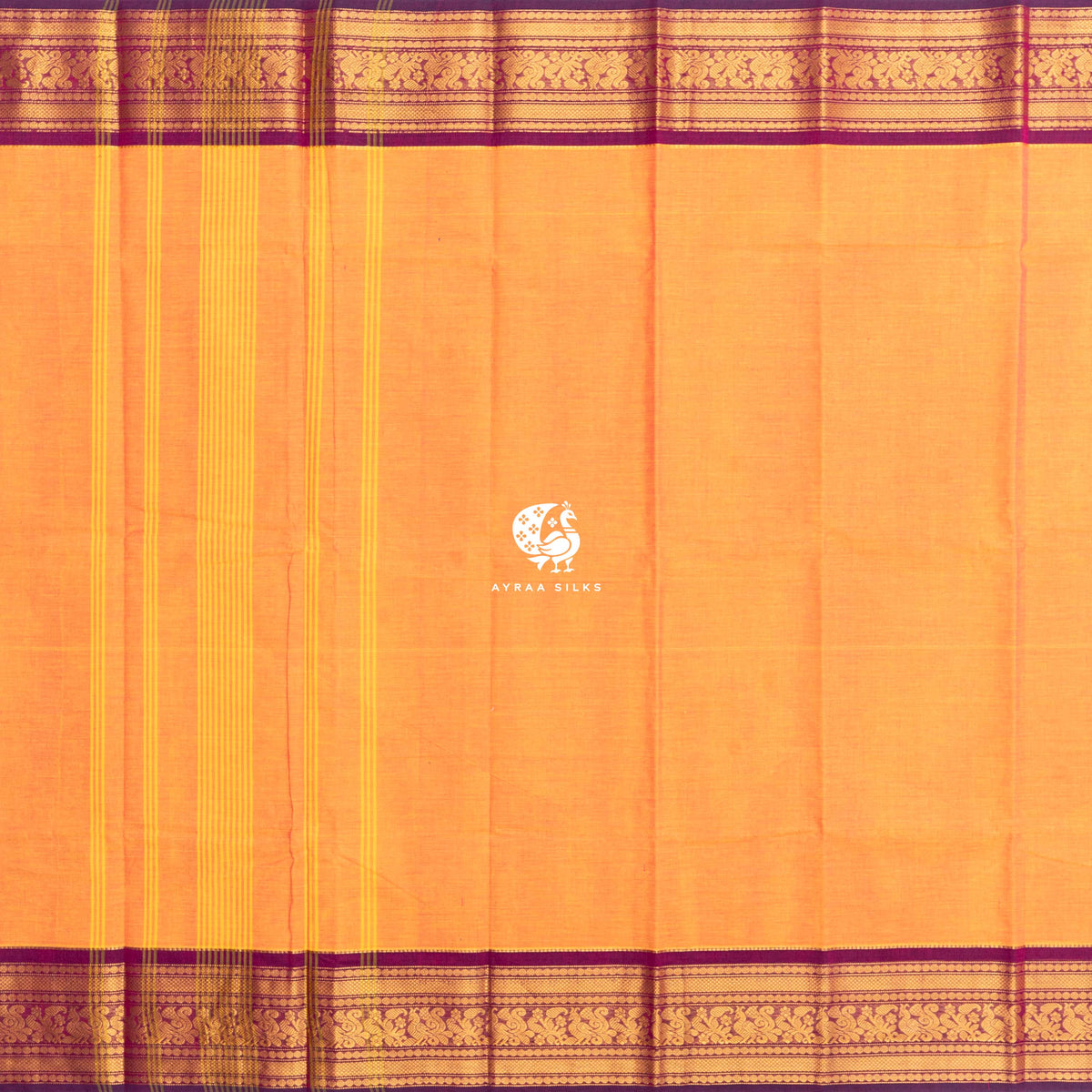 Orange and Purple Mayil Kanchi cotton saree in marigold orange with wine purple, view 4 of 6 — handwoven pure cotton, Ayraa Silks