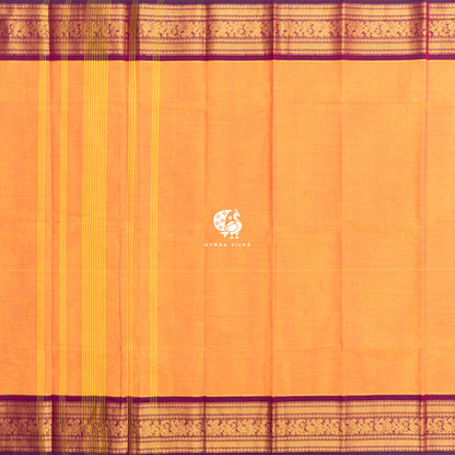 Orange and Purple Mayil Kanchi cotton saree in marigold orange with wine purple, view 4 of 6 — handwoven pure cotton, Ayraa Silks