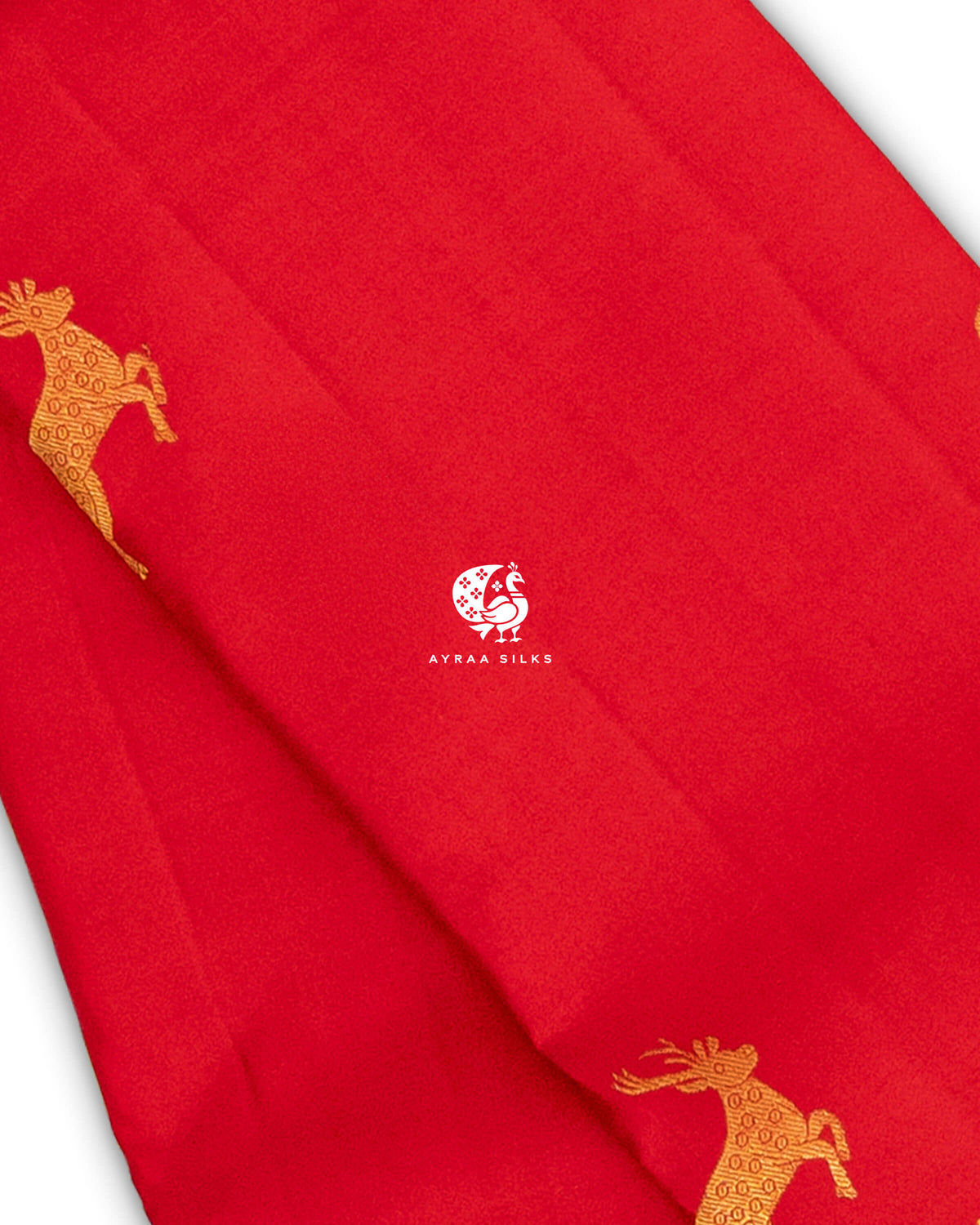 Close view of leaping Maan (deer) buttas woven in zari on red pure Kanchipuram silk