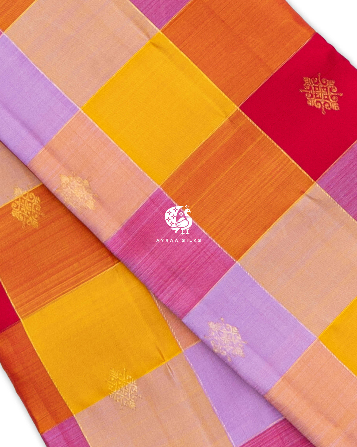 Close view of kolam zari buttas on multicolour Kattam (checks) in pure Kanchipuram silk