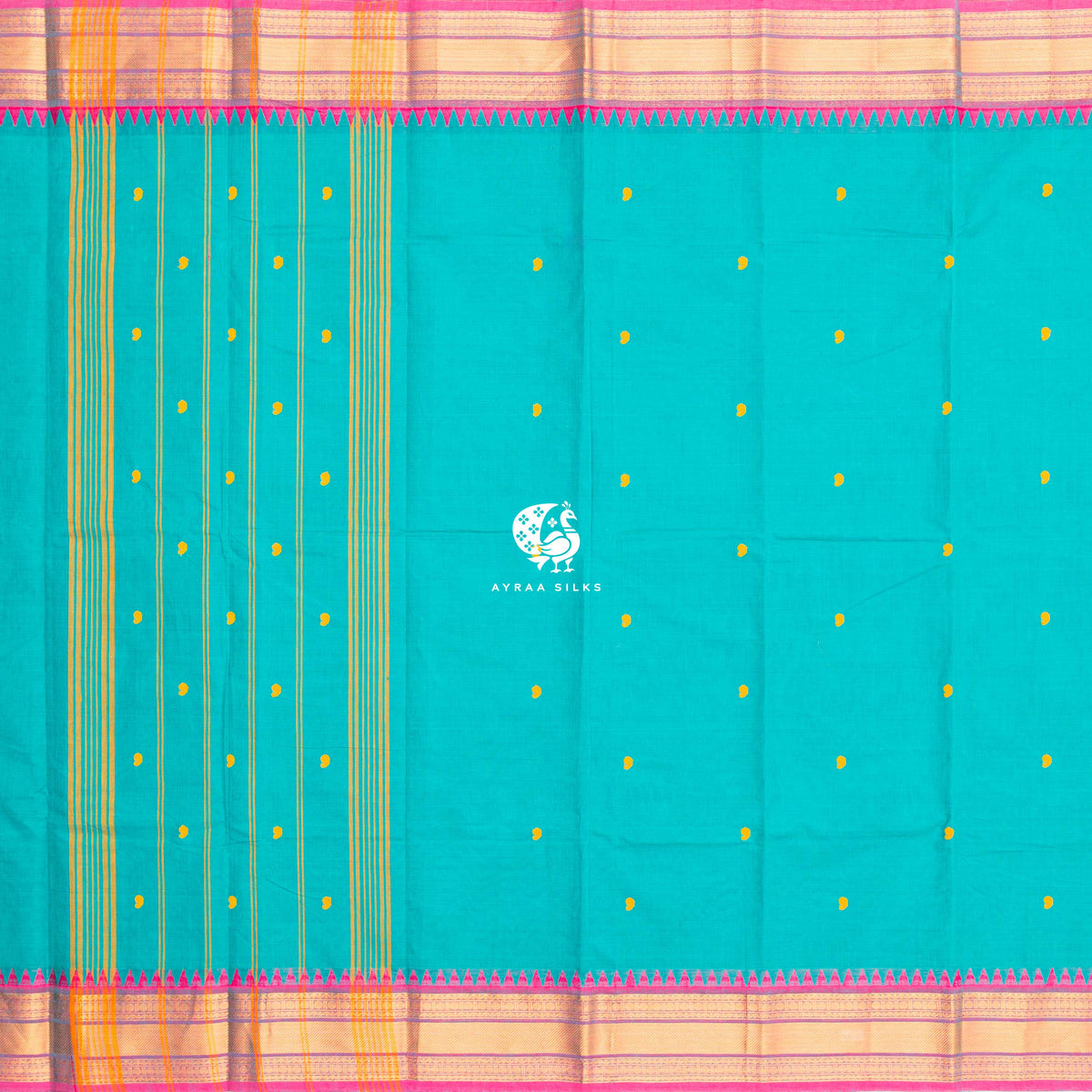 Teal green Kanchi cotton saree laid flat, pallu with stripes and pink temple borders on both sides