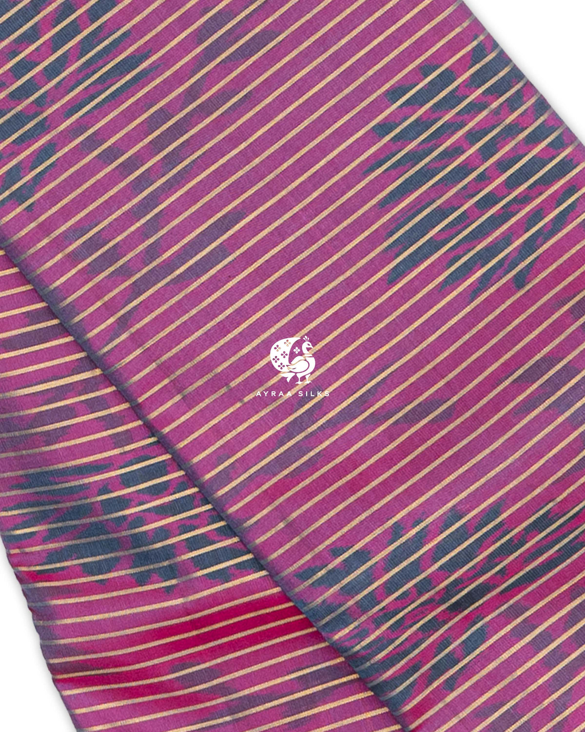 Close view of the magenta body with fine zari stripes and slate blue ikat tree motifs, Magenta and Slate Blue Ikat Ginkgo Moon Kanchipuram silk saree, Ayraa Silks