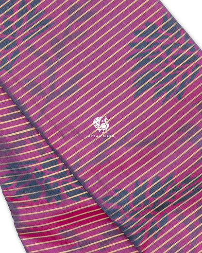 Close view of the magenta body with fine zari stripes and slate blue ikat tree motifs, Magenta and Slate Blue Ikat Ginkgo Moon Kanchipuram silk saree, Ayraa Silks