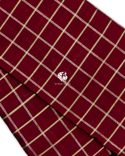 Close view of fine zari Kattam (checks) on maroon pure Kanchipuram silk