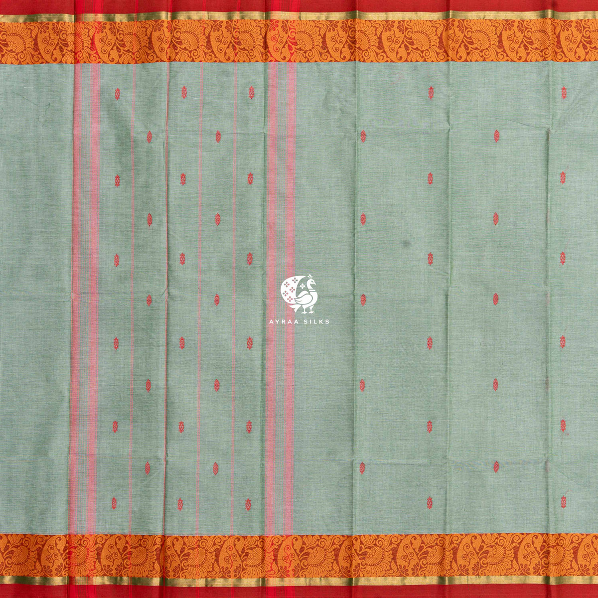 Sage green Kanchi cotton saree laid flat, pallu with stripes and orange thread borders on both sides
