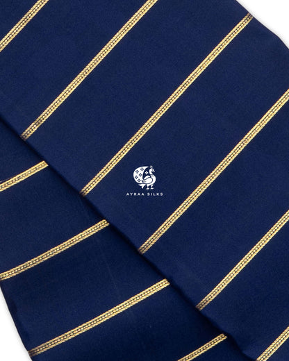 Close view of gold zari Vari (stripes) on navy blue pure Kanchipuram silk