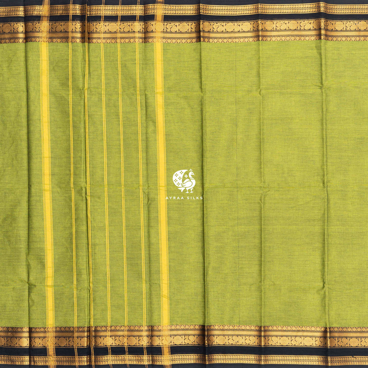 Mehendi green Kanchi cotton saree laid flat, pallu with stripes and black zari borders on both sides