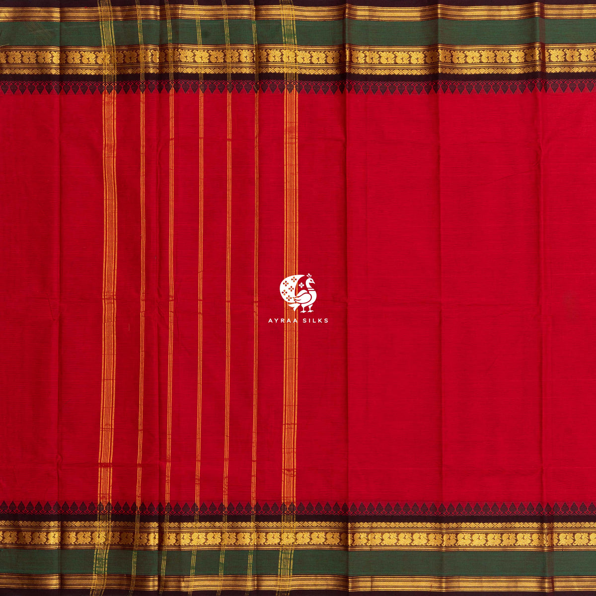 Red Kanchi cotton saree laid flat, pallu with gold zari lines and black temple borders on both sides