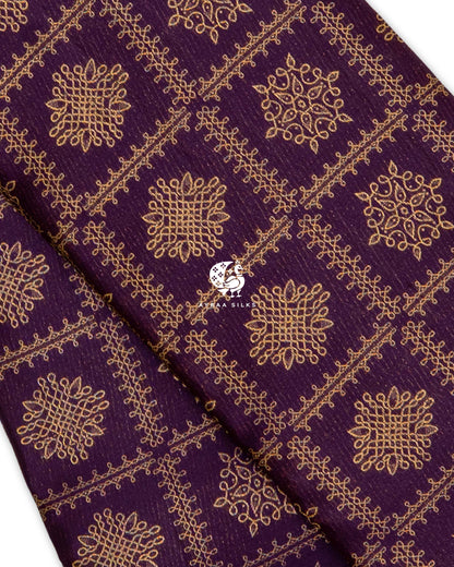 Close view of zari kolam motifs set in a zari Kattam (checks) grid on jamun purple pure Kanchipuram silk