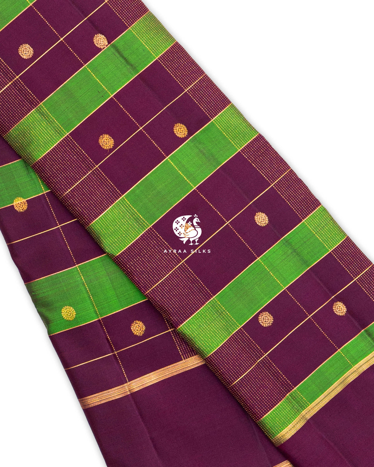 Close view of wine and green Kattam (checks) with round floral zari buttas and fine dotted zari lines on pure Kanchipuram silk