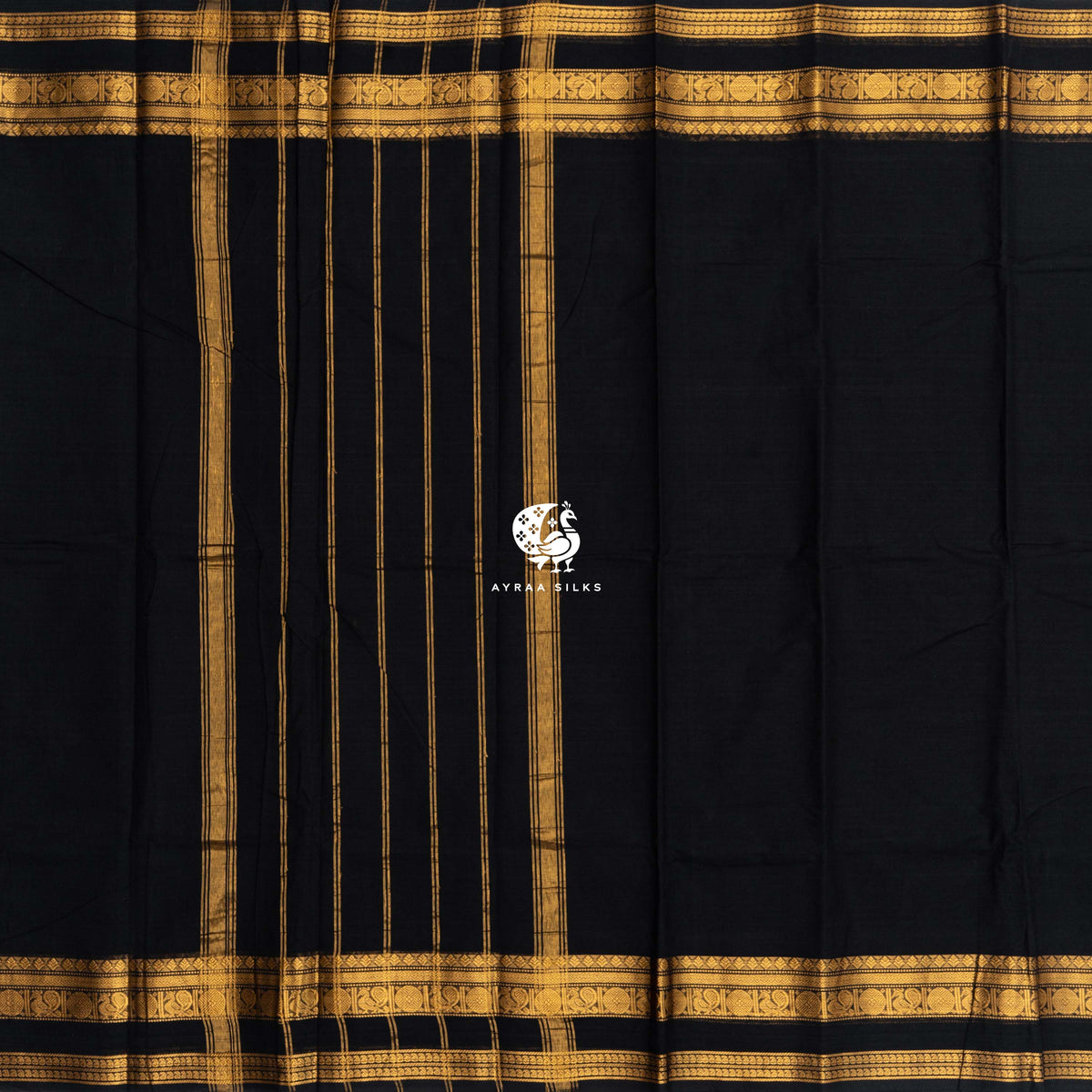 Black and Gold Mayil Kanchi cotton saree in black with gold zari, view 3 of 6 — handwoven pure cotton, Ayraa Silks