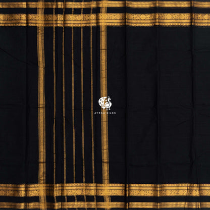 Black and Gold Mayil Kanchi cotton saree in black with gold zari, view 3 of 6 — handwoven pure cotton, Ayraa Silks