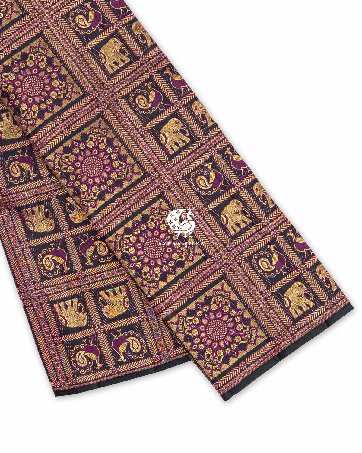 Black Yanai Mayil Brocade Kanchipuram silk saree folded, showing the fine black edge and zari checks with elephant and peacock motifs
