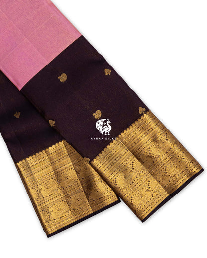 Coffee brown zari by zari Kanchipuram pattu saree with Mayil (peacock) buttas and a wide gold zari border of peacocks and floral bands