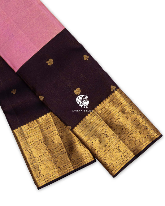 Coffee brown zari by zari Kanchipuram pattu saree with Mayil (peacock) buttas and a wide gold zari border of peacocks and floral bands