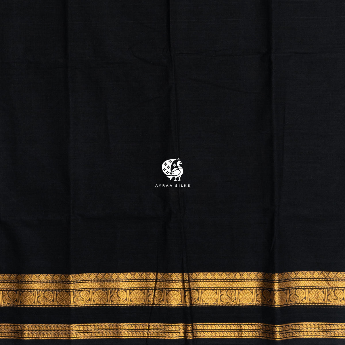 Black and Gold Mayil Kanchi cotton saree in black with gold zari, view 4 of 6 — handwoven pure cotton, Ayraa Silks